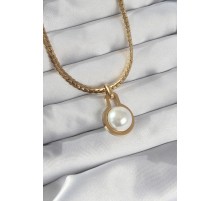316L Çelik Gold Renk Yassı Zincir İnci Taşlı Kolye