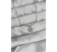 316L Çelik Gümüş Renk Pembe Zirkon Taşlı Damla Kolye