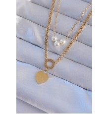 316L Çelik Gold Renk Çift Zincir İnci Detayı Love Kalp Kolye