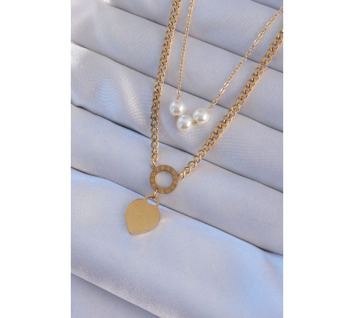 316L Çelik Gold Renk Çift Zincir İnci Detayı Love Kalp Kolye 316L Çelik Gold Renk Çift Zincir İnci Detayı Love Kalp Kolye