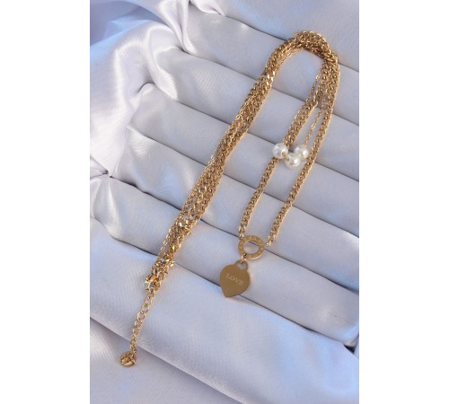 316L Çelik Gold Renk Çift Zincir İnci Detayı Love Kalp Kolye 316L Çelik Gold Renk Çift Zincir İnci Detayı Love Kalp Kolye