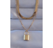 316L Çelik Gold Renk Çift Zincir Kilit Model Kolye