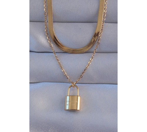 316L Çelik Gold Renk Çift Zincir Kilit Model Kolye 316L Çelik Gold Renk Çift Zincir Kilit Model Kolye
