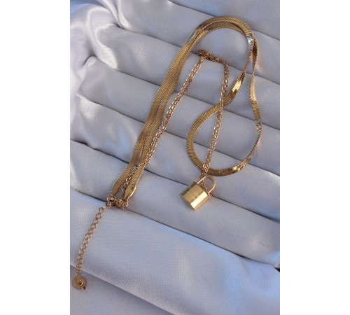 316L Çelik Gold Renk Çift Zincir Kilit Model Kolye 316L Çelik Gold Renk Çift Zincir Kilit Model Kolye