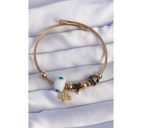 316L Çelik Gold Renk Siyah Zirkon Taşlı Yıldız Tasarımlı Ağaç Detay Nazarlı Charm Bileklik 316L Çelik Gold Renk Siyah Zirkon Taşlı Yıldız Tasarımlı Ağaç Detay Nazarlı Charm Bileklik