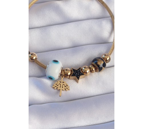 316L Çelik Gold Renk Siyah Zirkon Taşlı Yıldız Tasarımlı Ağaç Detay Nazarlı Charm Bileklik 316L Çelik Gold Renk Siyah Zirkon Taşlı Yıldız Tasarımlı Ağaç Detay Nazarlı Charm Bileklik