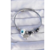 316L Çelik Gümüş Renk Siyah Zirkon Taşlı Yıldız Tasarımlı Ağaç Detay Nazarlı Charm Bileklik