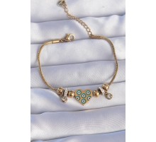 316L Çelik Gold Renk Zirkon Taşlı Nazarlı Kalp Tasarımlı Bileklik