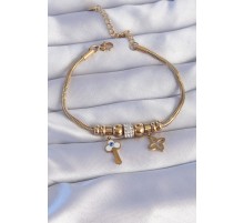 316L Çelik Gold Renk Zirkon Taşlı Yonca Detay Nazarlı Anahtar Tasarımlı Bileklik