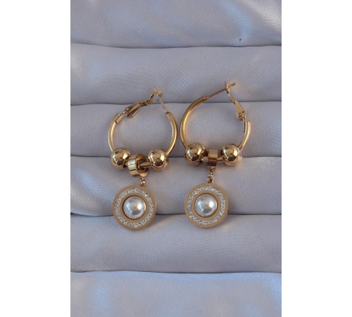 316L Çelik Gold Renk Zirkon ve İnci Taşlı Model Halka Küpe 316L Çelik Gold Renk Zirkon ve İnci Taşlı Model Halka Küpe