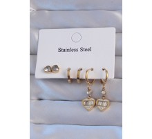 316L Çelik Gold Renk Zirkon Taşlı Kalp Model Halka Küpe Seti