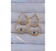 316L Çelik Gold Renk Zirkon Taşlı Mavi Göz Tasarımlı Halka Küpe