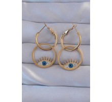 316L Çelik Gold Renk Zirkon Taşlı Mavi Göz Tasarımlı Halka Küpe