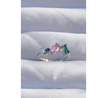 Pirinç Gümüş Renk Renkli Zirkon Taşlı Ayarlanabilir Yüzük