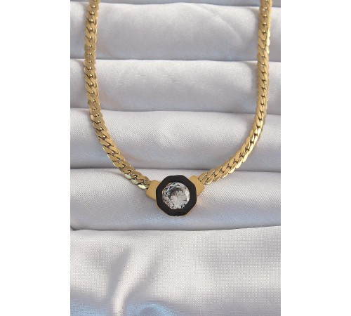 316L Çelik Gold Renk Ezme Zincir Zirkon Taşlı Mineli Serenay Kolyesi