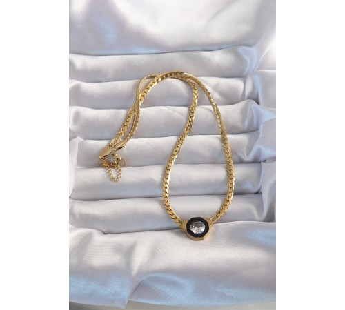 316L Çelik Gold Renk Ezme Zincir Zirkon Taşlı Mineli Serenay Kolyesi