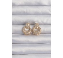 Pirinç Gold Renk Zirkon Taşlı Oval Form Küpe