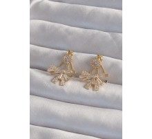 Pirinç Gold Renk Zirkon Taşlı Yassı Fiyonk Model Küpe