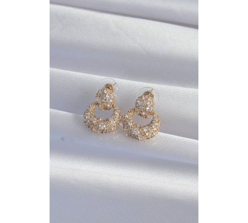 Pirinç Gold Renk Zirkon Taşlı Oval Form Küpe Pirinç Gold Renk Zirkon Taşlı Oval Form Küpe