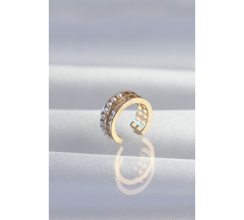 Pirinç Gold Renk İncili Baget Taşlı Earcuff Küpe