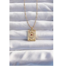316L Çelik Zincir Gold Renk Pembe Zirkon Taşlı Tarot Kolye