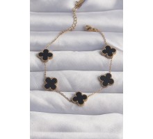 316L Çelik Gold Renk Siyah Mineli Yonca Bileklik