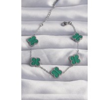 316L Çelik Gümüş Renk Çizgili Yeşil Mineli Yonca Bileklik