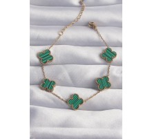 316L Çelik Gold Renk Çizgili Yeşil Mineli Yonca Bileklik