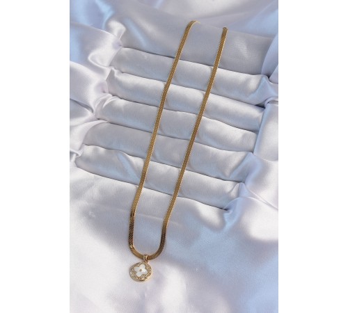 316L Çelik İtalyan Zincirli Gold Renk Zirkon Taşlı Sedefli Yonca Model Kolye 316L Çelik İtalyan Zincirli Gold Renk Zirkon Taşlı Sedefli Yonca Model Kolye