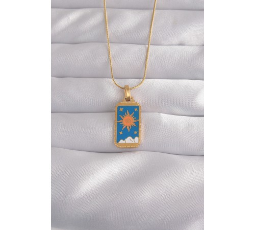 316L Çelik Gold Renk Mavi Mineli Güneş Model Tarot Kolye