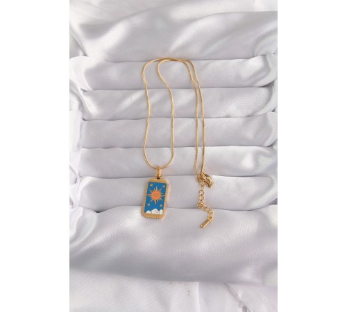316L Çelik Gold Renk Mavi Mineli Güneş Model Tarot Kolye