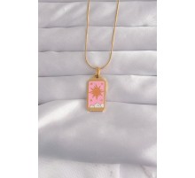 316L Çelik Gold Renk Pembe Mineli Güneş Model Tarot Kolye