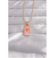 316L Çelik Gold Renk Pembe Mineli Güneş Model Tarot Kolye