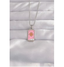 316L Çelik Gümüş Renk Pembe Mineli Güneş Model Tarot Kolye