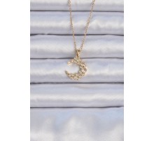 316L Çelik Zincir Altın Renk Zirkon Taşlı Ay Kolye