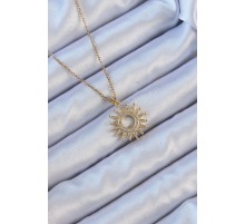 316L Çelik Zincir Altın Renk Zirkon Taşlı Parlayan Güneş Kolye