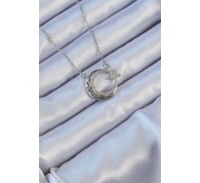 316L Çelik Zincir Gümüş Renk Zirkon Taşlı Motifli Ay Yıldız Kolye