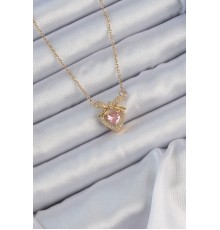 316L Çelik Zincir Altın Renk Pembe Zirkon Taşlı Fiyonklu Kalp Kolye