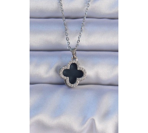 316L Çelik Gümüş Renk Siyah Mineli Zirkon Taşlı Yonca Figürlü Kolye