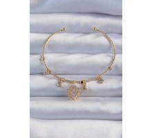 Pirinç Altın Renk Zirkon Taşlı Yonca Model Charm Bileklik