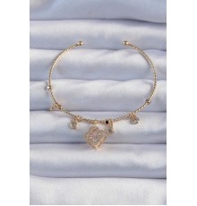Pirinç Altın Renk Zirkon Taşlı Yonca Model Charm Bileklik