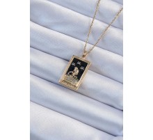 316L Çelik Zincir Altın Renk Zirkon Taşlı Siyah Mineli Kız Figürlü Tarot Kolye