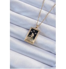 316L Çelik Zincir Altın Renk Zirkon Taşlı Siyah Mineli Kız Figürlü Tarot Kolye