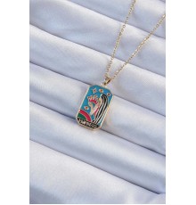 316L Çelik Zincir Altın Renk Taç ve Kız Figürlü Renkli Mineli Tarot Kolye