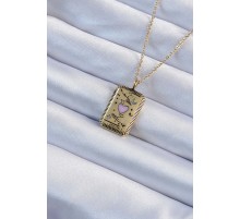 316L Çelik Zincir Eskitme Altın Renk Pembe Mineli Kalp Figürlü Tarot Kolye