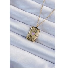 316L Çelik Zincir Eskitme Altın Renk Pembe Mineli Kalp Figürlü Tarot Kolye