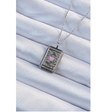 316L Çelik Zincir Eskitme Gümüş Renk Pembe Mineli Kalp Figürlü Tarot Kolye