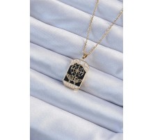 316L Çelik Zincir Altın Renk İşlemeli Siyah Mineli Tarot Kolye