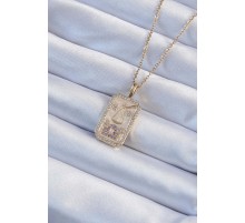 316L Çelik Zincir Altın Renk Lila Zirkon Taşlı Tarot Kolye