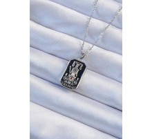 316L Çelik Zincir Gümüş Renk Siyah Mineli Tarot Kolye